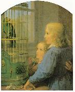 Georg Friedrich Kersting Zwei Kinder vor einem Papageienbauer oil painting
